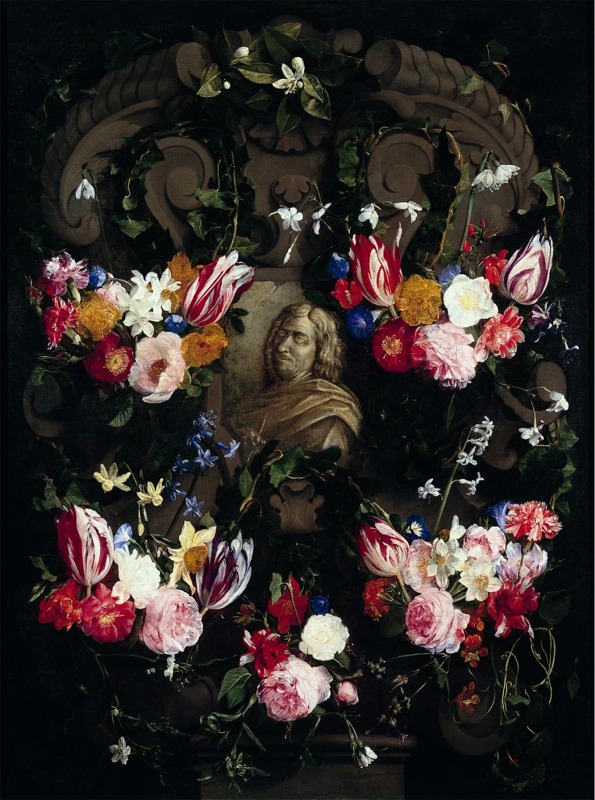  Cartouche with the bust of Nicolas Poussin in a garland of flowers by Daniel Seghers, c. 1650-1651? 